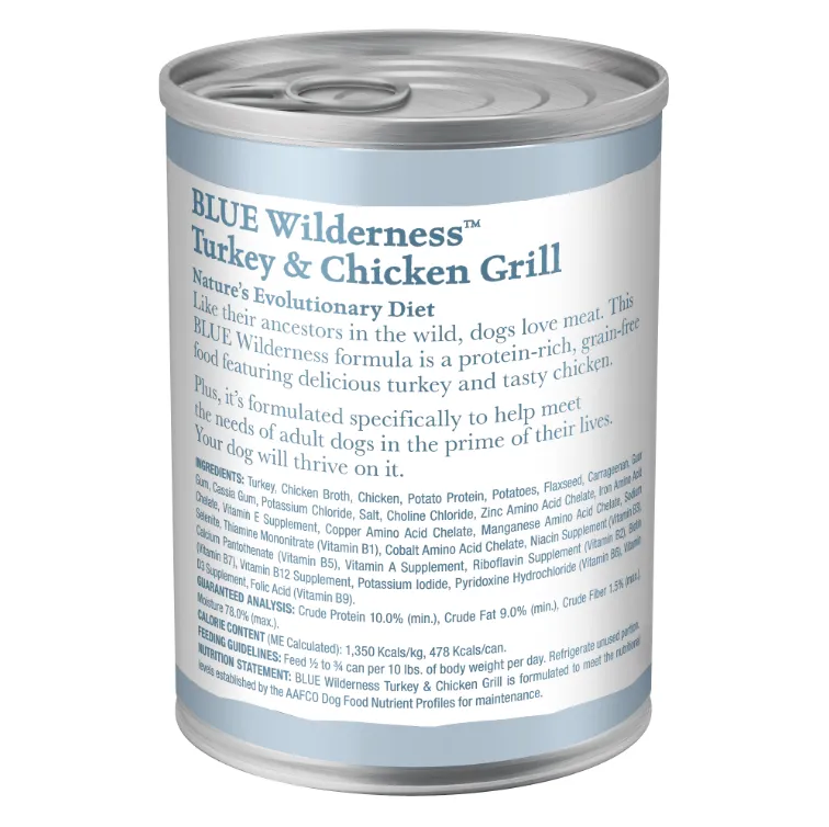 Blue Buffalo Wilderness High Protein, Natural Adult Wet Dog Food, Turkey & Chicken Grill 12.5-oz, Case of 12