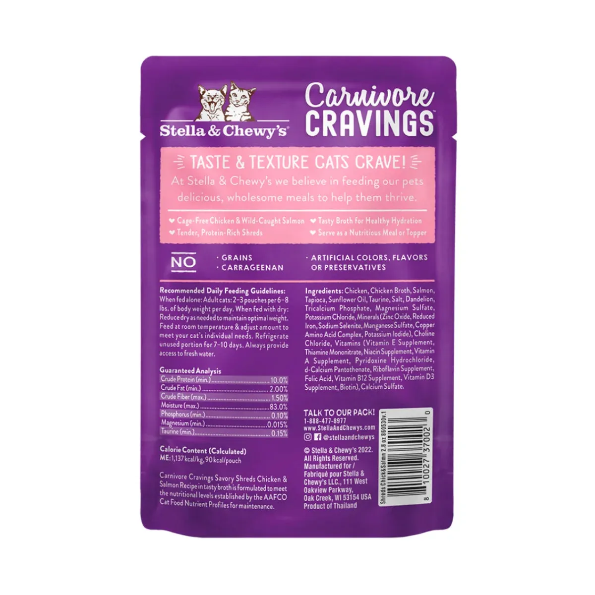 Stella & Chewy's - Carnivore Cravings Pouch For Adult Cats in Tasty Broth (Savory Shreds) - Chicken & Salmon Recipe 2.8oz